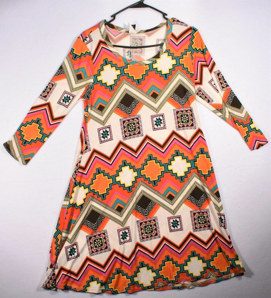 R. Rogue Tunic Dress Women's Size Large Sleeves Orange Geometric Print